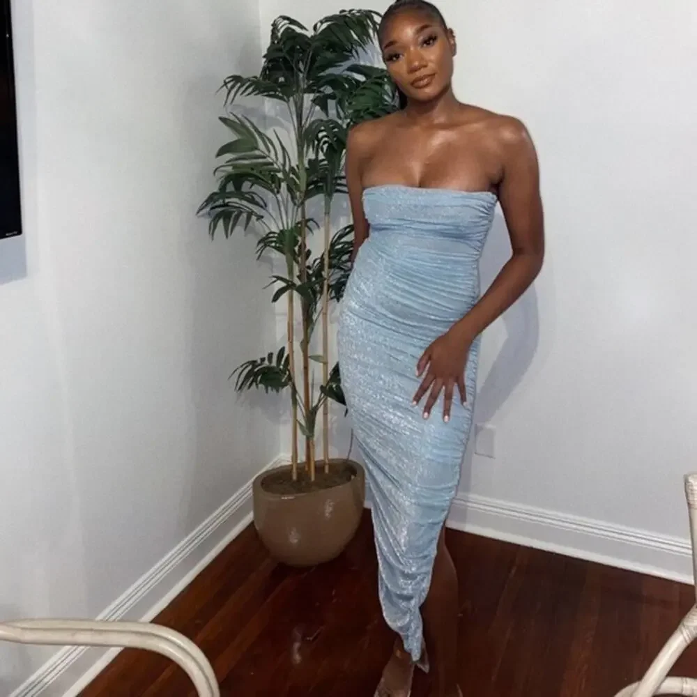 HOUSE OF CB Fornarina Baby Blue Sparkle Silvermist Fairy Glitter Ruched Dress - Picture 6 of 16